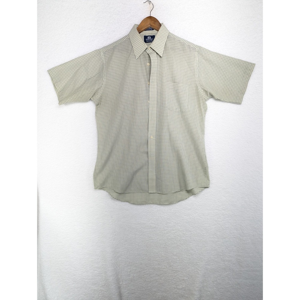 Stafford Shirt Men's Beige Green Plaid Button Up Short Sleeve 16.5‎